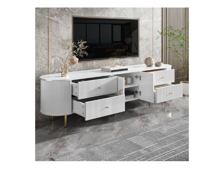 HAUSS SPOLE TV-Schrank mit abgerundete Kanten,Lowboard Fernsehbank mit Kabeldurchlass,Weiß (Fernsehschrank TV-Ständer mit 3D-Wellenstruktur und Metallfüßen) modernes Design-Lowboard mit Stauraum
