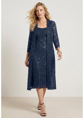 Plus Size Women's Plus Size 3/4 Sleeve Formal Duster Sequin - Embellished Lace Dress Set by Roaman's in Navy (Size 28 W) Formal Evening