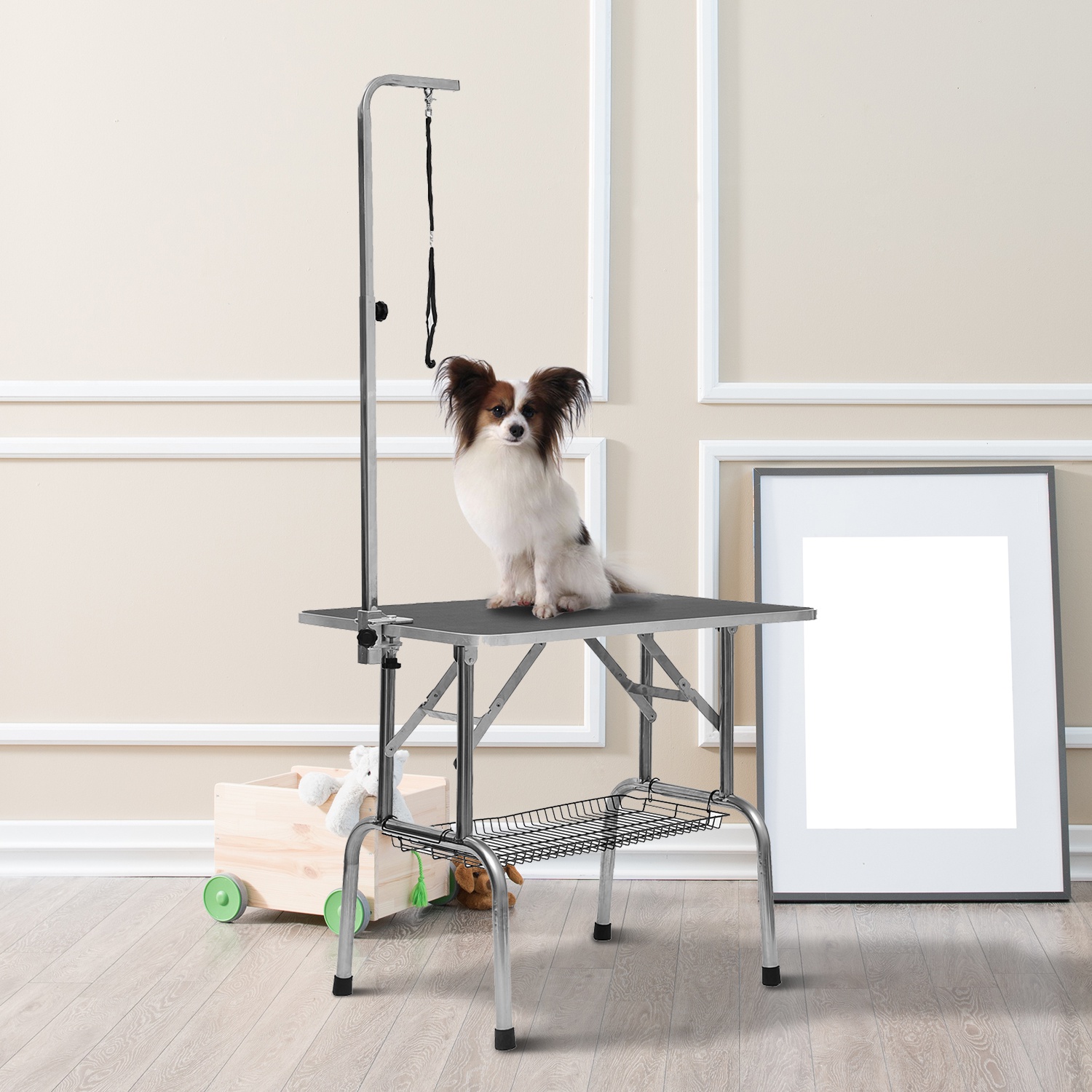 Pawhut Tavolo da toelettatura e tosatura per cani gatti con cestino, 91.5x61.5x77cm