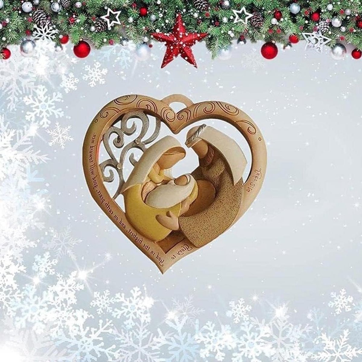 Kerst Ornament Heilige Familie met Engel Standbeeld in Hartvorm, 16 x 16 cm