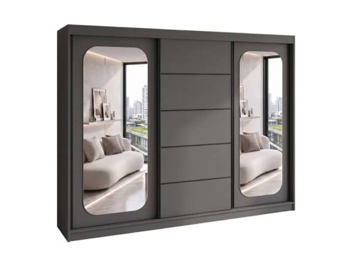 A&J MöbelLand BELANO Kleiderschrank mit Spiegel, Schwebetürenschrank 200 x 215 x 59,5 cm, Kleiderstangen und Einlegeböden, Graphit, Basic