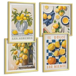 BILDER SET 4er Set - 50x50 cm & 40x60 cm Goldrahmen - Retro gelbe Zitrusfrüchte