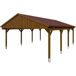 Skan Holz Fichtelberg - Satteldach Doppelcarport Breite 423 cm Gr. 2 - 618 x 808 cm Dachschalung mit Dachschindeln (rot) nussbaum Holzcarport