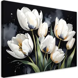 BILD auf Leinwand, Weiße Tulpen Blumen auf schwarzem Hintergrund