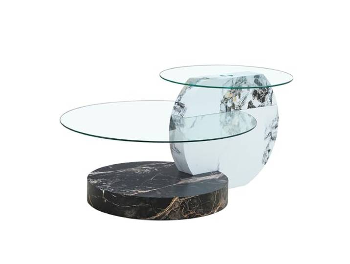 Vexelus Zweistufiger Couchtisch aus Sicherheitsglas, MDF‑Gestell mit schwarz‑weißer Marmor‑Optik, moderner Wohnzimmertisch