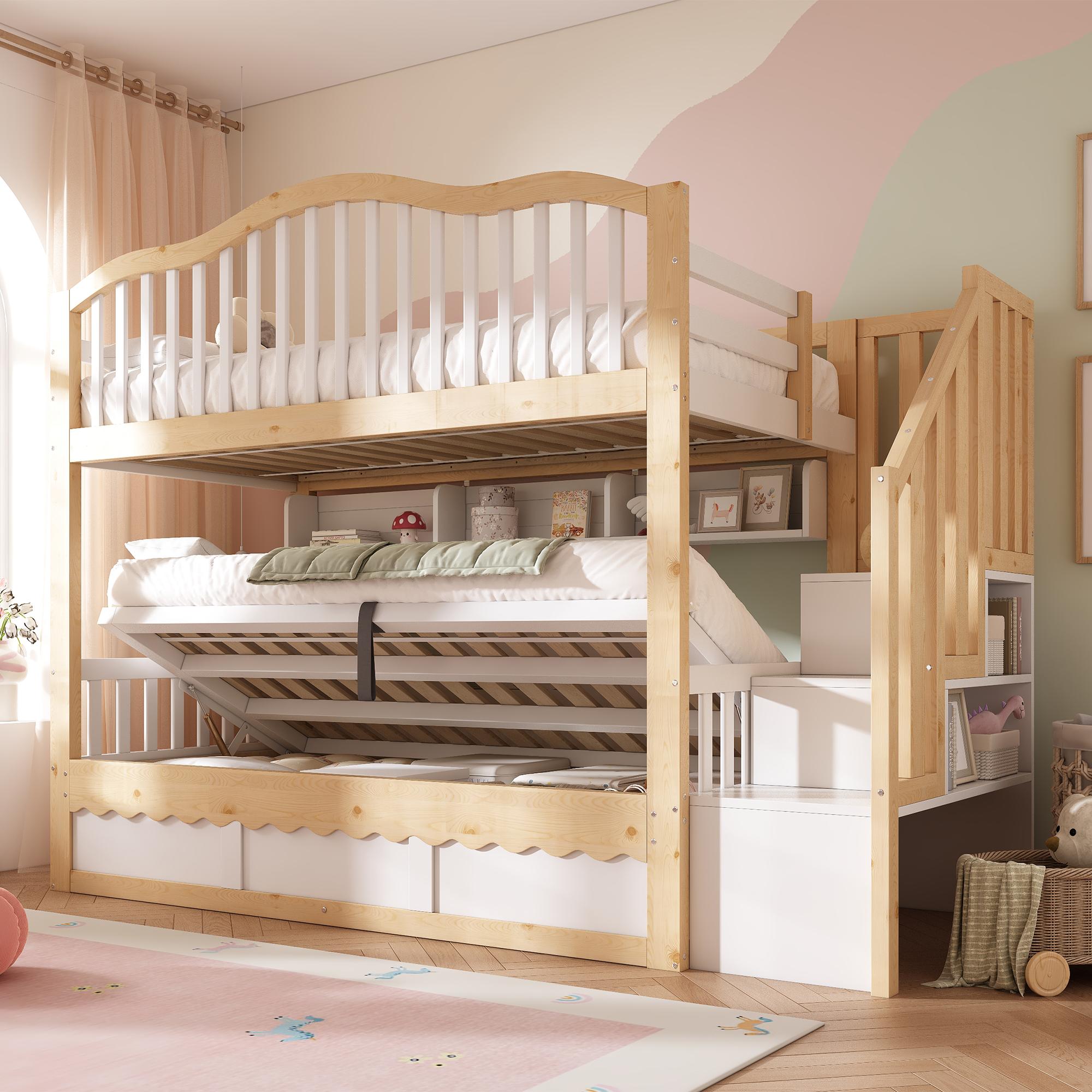 Flieks Hydraulisches Etagenbett 90x200cm mit Ablagefächern, Kinderbett Stauraumbett mit Rausfallschutz, Hochbett Holzbett mit Treppe, Naturbelassen
