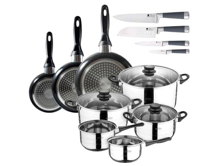 8-teiliges Kochgeschirr: 2 Töpfe Ø16und Ø18; Töpfe Ø20 x Ø24und Ø28cm + 3-teiliges Pfannenset 16-20-24 cm aus gepresstem Aluminium + Küchenmesser-Set