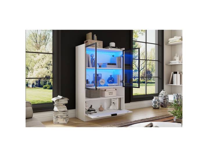Vitrine LED blanche mate 80 x 35 x 120 cm verre trempé 2 portes vitrées et porte abattante