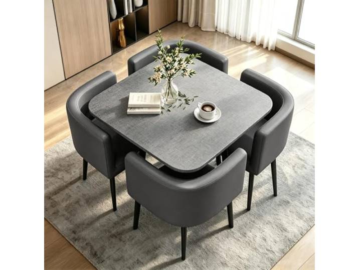 AMZSEW Esstisch und 4 Stuhlset, 90cm Runder Esstisch und 4 Kunstleder Esszimmerstühle,platzsparendes für Küche, Wohnzimmer, Balkon, Restaurant, Büro,Holzt + hellgraus,Gray Square