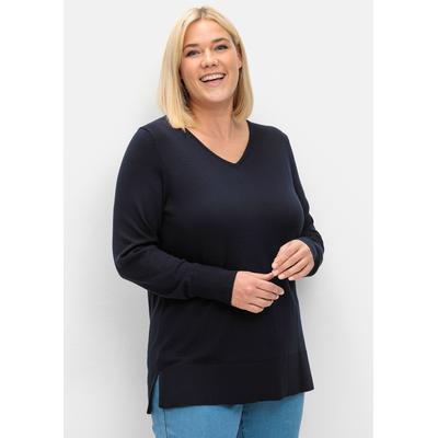 V-Ausschnitt-Pullover SHEEGO "V-Ausschnitt-Pullover", Damen, Gr. 44/46, blau (tiefblau), 60% Viskose, 40% Polyester, unifarben, Pullover
