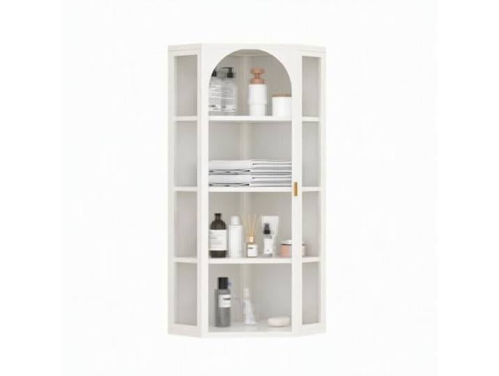 Weisser Eck-Wandschrank 105cm Drei-Eckig Stahl-Glas Wand Ablage fuer Bad Vier Ebenen Stauraum mit Vier-Eck-Design für Küche und Bad