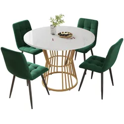 MODFU Essgruppe 5-teilig Esstisch Set mit 4 Stühlen rund Multicolor 100x100x75 cm MDF Tischplatte Marmoroptik Metallgestell Samtbezug