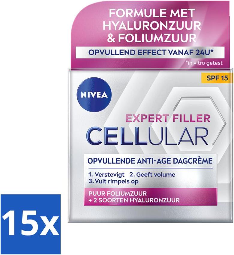 NIVEA - CELLular Expert Filler Tagescreme - Anti-Aging Gesichtscreme - LSF 15 - Mit Hyaluronsäure, Kreatin & Folsäure - 50 ml - Vorteilspack - 15 Stücke