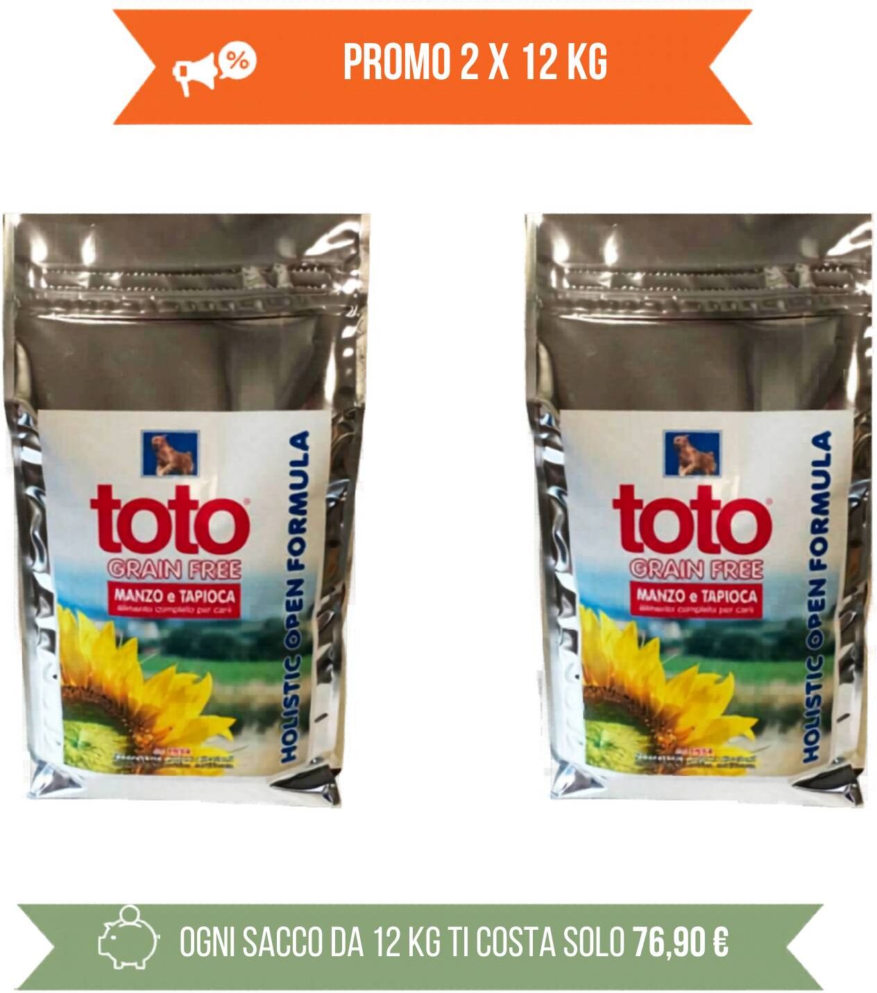 Toto PROMO 2 x 12 Kg Holistic Grain Free Manzo e Tapioca per Cani (€ 76,90 A SACCO)