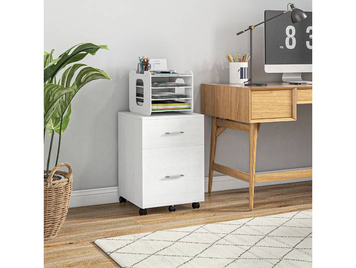 HOMCOM Caisson Bureau Mobile 2 Tiroirs Roulettes Blanc