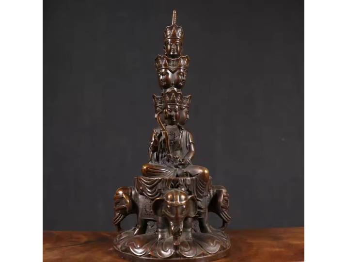 Laiton Antique vieille patine Samantabhadra Emeishan dix directions Samantabhadra Bodhisattva Vintage nouveau Style chinois culte à la maison