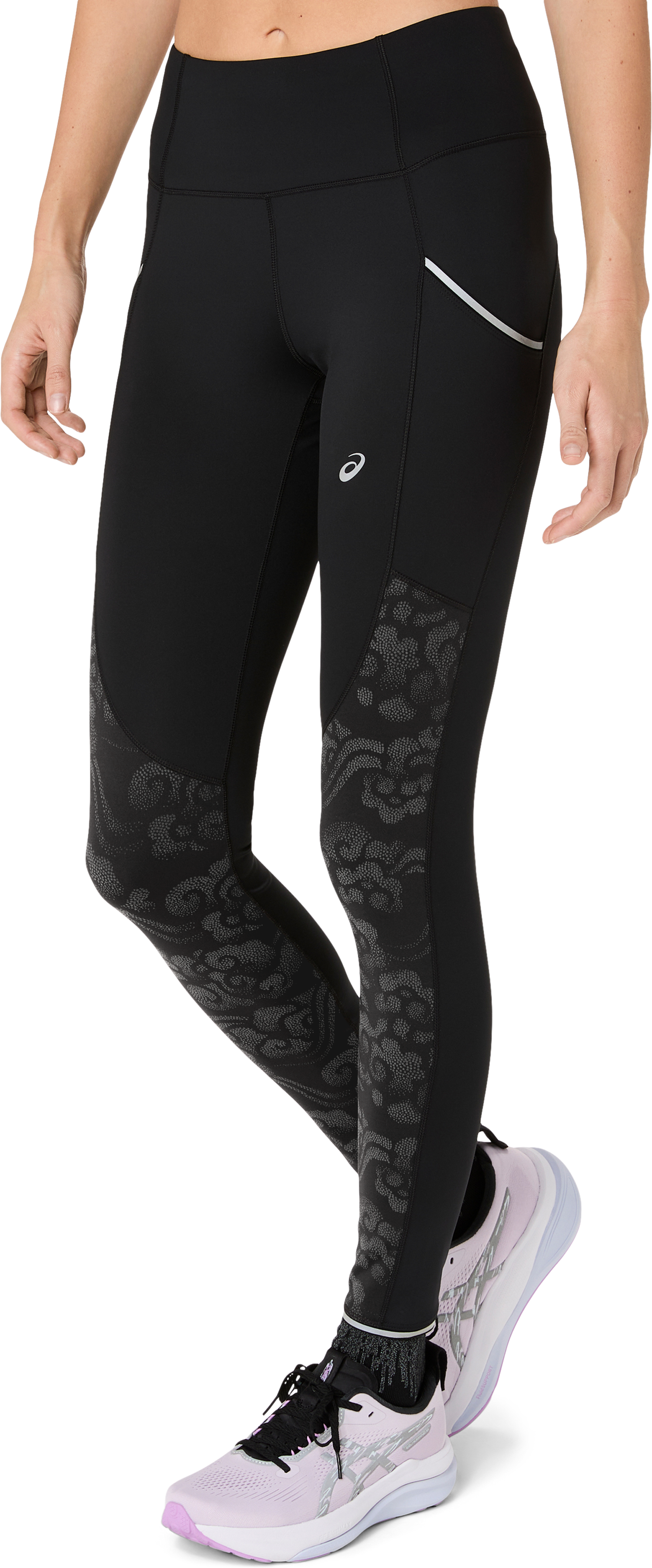 Lauftights ASICS "ROAD LITE-SHOW TIGHT", Damen, Gr. L, N-Gr, schwarz (performance schwarz), Obermaterial: 79% Polyester, 21% Elasthan, Hosen Lauftights, Atmungsaktiv, Reflektierend, Praktische Taschen
