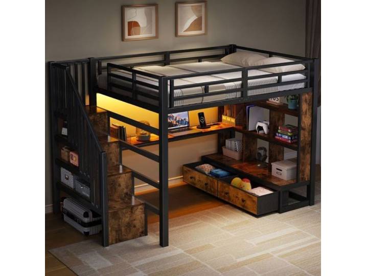 Lit Mezzanine Enfant Métal 140x200 Lit Double avec LED Bureau 2 Tiroirs et Escalier à Rangement-Noir O.Ye noir LIT MEZZANINE