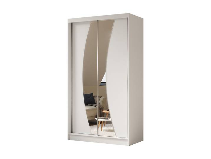 KLEIDERSCHRANK mit Spiegel-Schiebetüren und Aluminium-Leisten, LED-Beleuchtung - VOXI - 120 cm Weiß