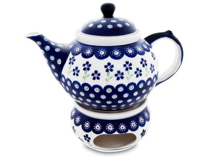 Bunzlauer Keramik 1,25L Teekanne mit Stövchen – Klassische, rundliche Form mit elegant geschwungenem Ausguss (Dekor 912)