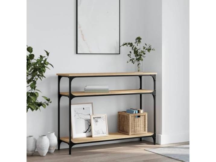 HKLGBVCR Konsolentisch Sonoma-Eiche, 100 x 29 x 75 cm, Holz Industrieller Metallrahmen, verstellbare Füße, Zeitschriftenaufbewahrung, Wandbefestigung inklusive