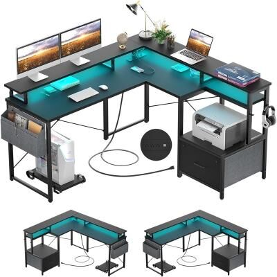 No L Shaped Desk with Power Outlet and LED Strip