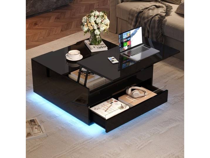 Table basse carrée noire brillante avec plateau relevable LED et rangement