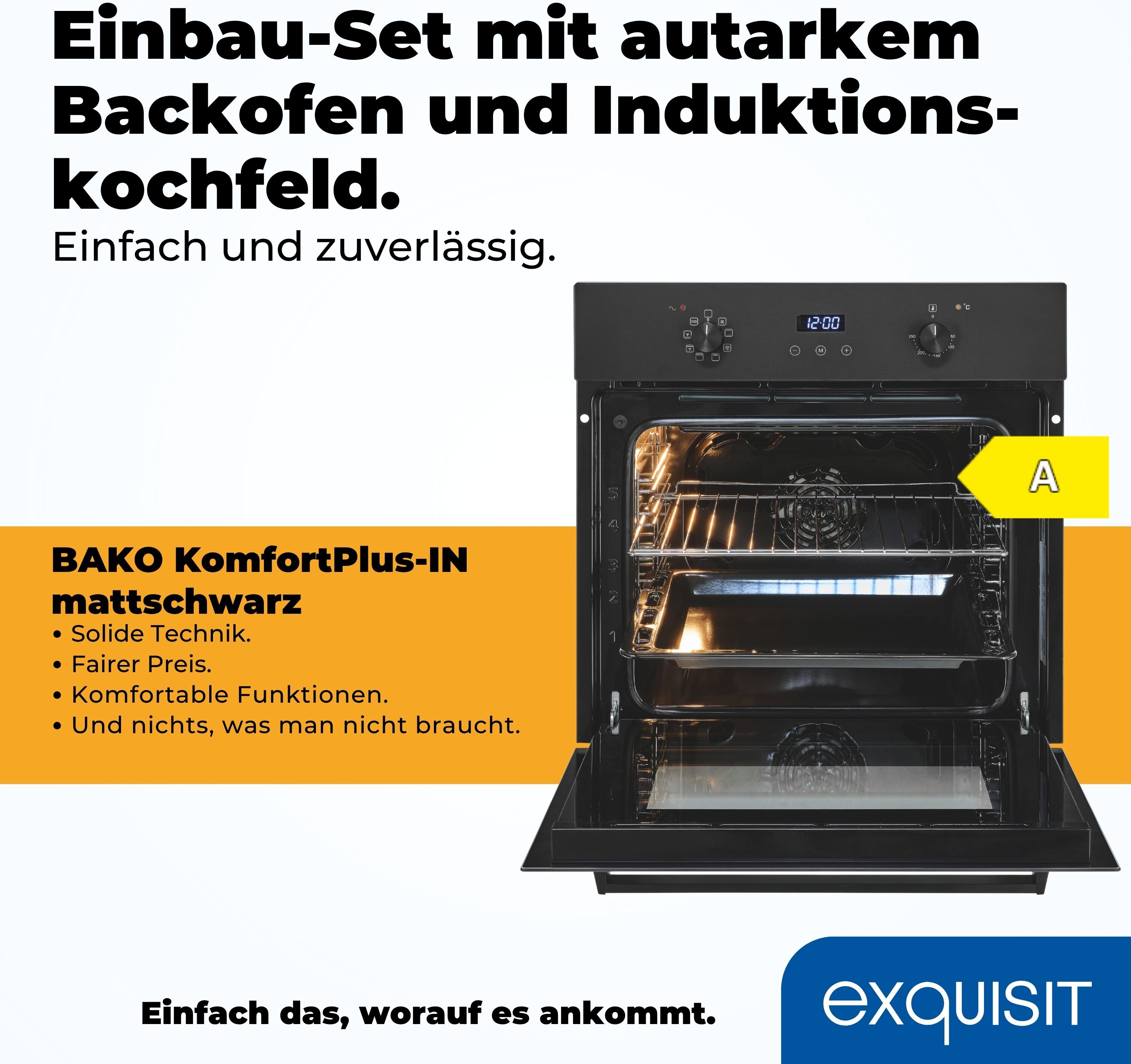 EXQUISIT Backofen-Set "BAKO KomfortPlus-In mattschwarz", Energieeffizienz: A, schwarz (matt), Herdsets, Elegant und trendig in Mattschwarz, 160Frittieren auf dem Kochfeld, Backofen-Set