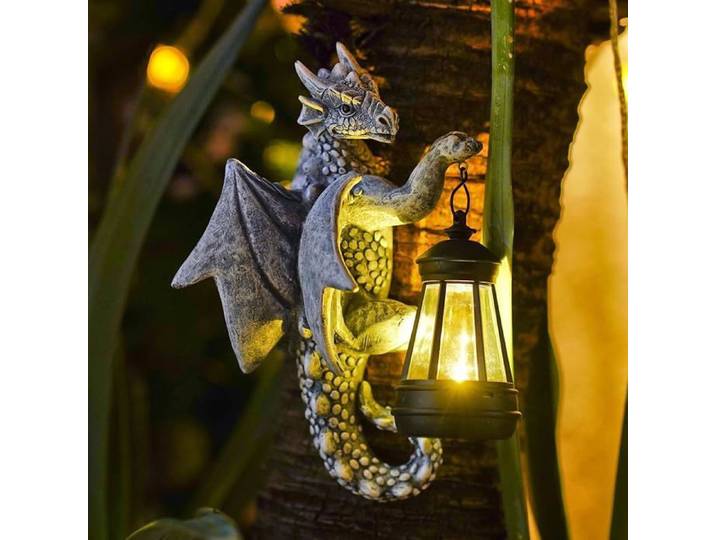 Statue Dragon sur Tronc Arbre avec Lampe Soire Décoration Jardin Figurine dragon en Figurine de Dragon Décorative OBJET DECORATIF