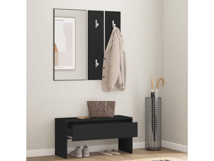 KTHLBRH Flur-Set aus schwarzem Holz, mehrschichtig, mit Bank und Spiegel Bank 80 x 30,5 x 40 cm, Schublade, Kleiderbügel, max. Belastung 110 kg