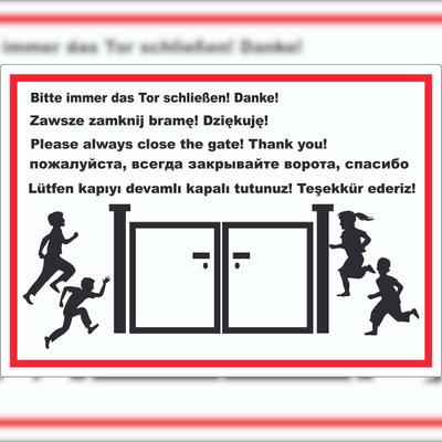HB-Druck Tor schließen Kindergarten mehrsprachig Aufkleber A9 (37x52mm)