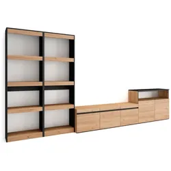 SKRAUT HOME Wohnzimmer-TV-Schrank, Wohnwand-System, 370x35x186cm, Für TV-Geräte bis 65“, Möbel-Set, Moderner Stil, Eiche und Schwarz _ 111_1