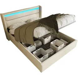 Polsterbett 160x200 mit hydraulischem Stauraum und LED-Beleuchtung – modernes Design in Weiß, pflegeleichter PU-Stoff