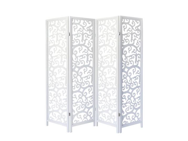 Homestyle4u Paravent 4-tlg. 173/175 cm Weiß Holzverzierung, 173x175x2 cm, Wohnzimmer, Raumteiler, Paravents