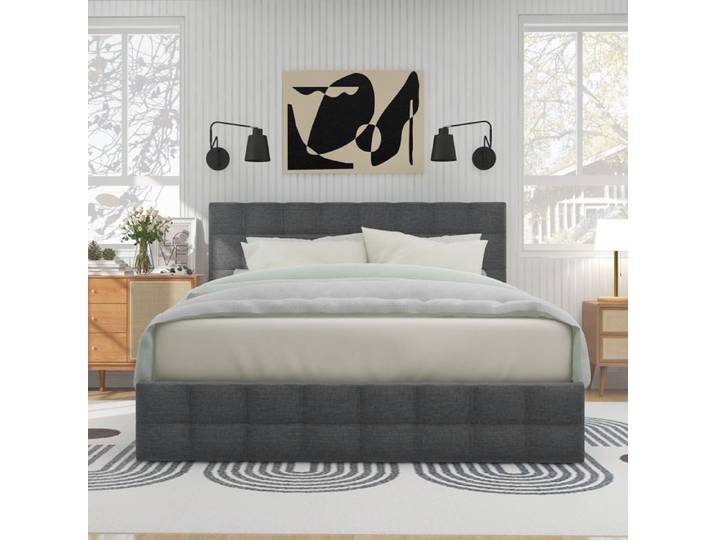 Lit double tapissier - KOMHTOM - 140x200 - 4 tiroirs - lattes métal - tête réglable