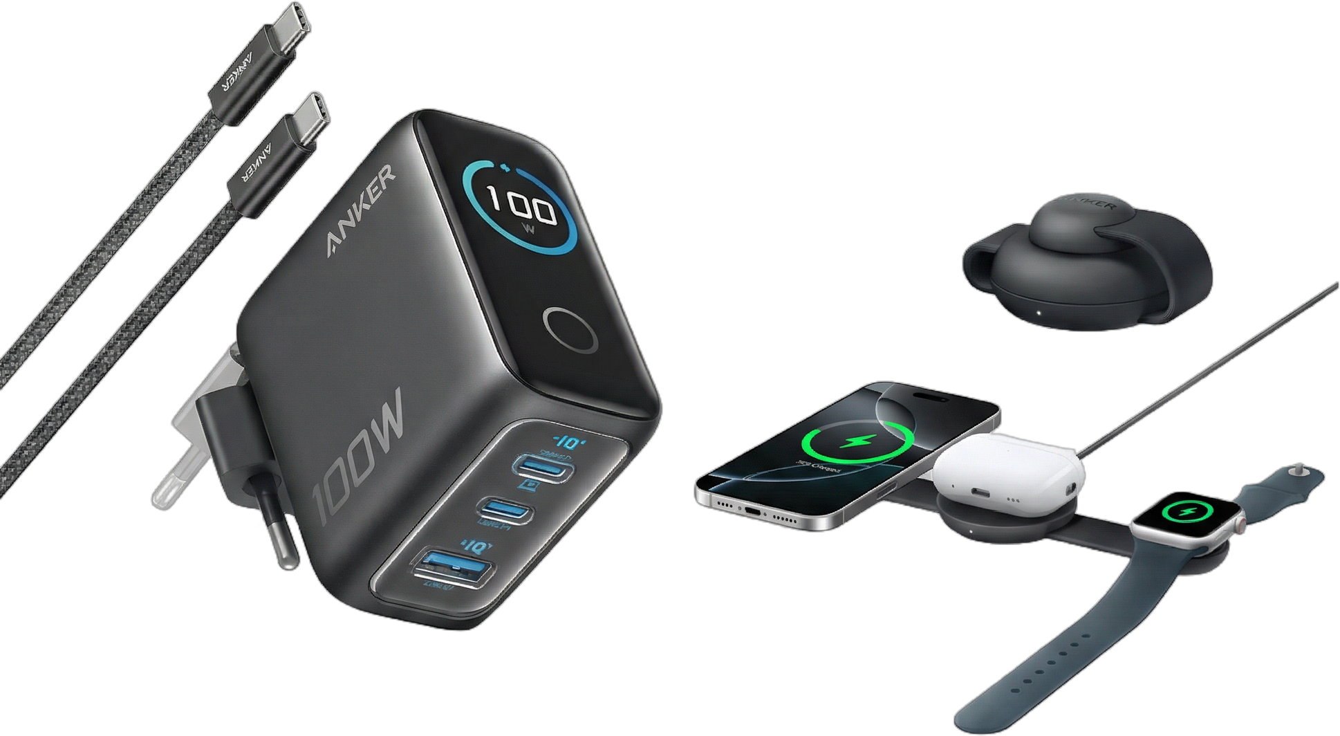 eufy Anker MagGo kabellose Ladestation (3-in-1, Faltbares Ladepad) + Anker Ladegerät (100W, 3 Ports, Smart Display) mit USB-C Kabel Schwarz