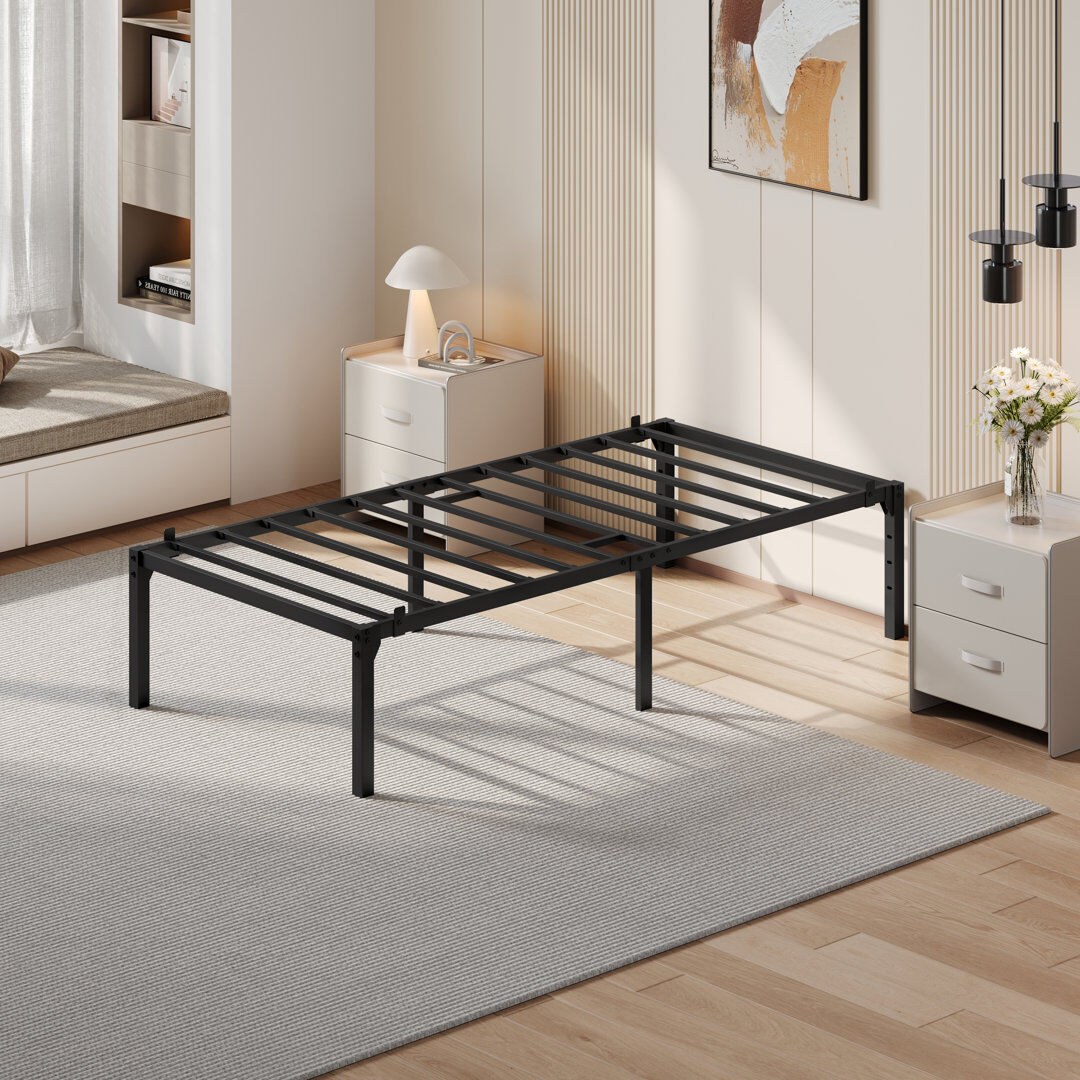 Yaheetech 38cm H Black Metal Bed Frame With Non-slip Design, Steel Slat Support Black Single (3')
