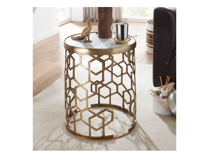 FINEBUY Beistelltisch FB82237 Sofatisch Echter Marmor Ø 44cm Tisch Wohnzimmertisch (Echter Marmor Weiß / Gold 46x46x55 cm Rund), Wohnzimmertisch Modern Hoch, Sofatisch Metall
