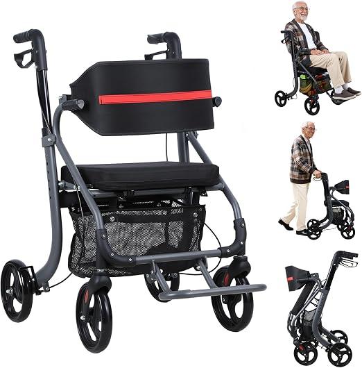 Rollator Senior, Gehhilfe, 4 Räder, faltbar, mit Sitz, Gehhilfe für Erwachsene, aus leichtem Aluminium, Rollator für jedes Terrain, Räder 20 cm, höhenverstellbar, Bremsen, Aufbewahrungstasche (schwarz