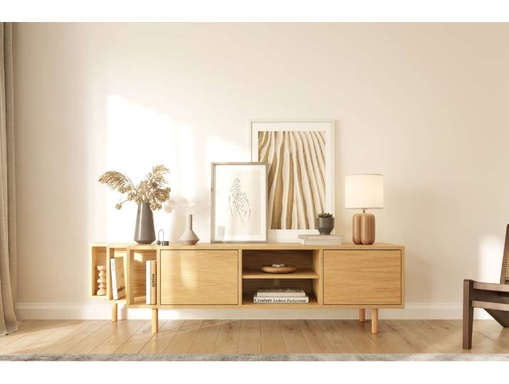 TV-Board WOODMAN Shift , beige (natur), B:189cm H:50cm T:44cm, FSC-zertifiziertes teilmassives Holz, Sideboards, TV-Board, mit Echtholzfurnier aus Eiche, Breite 189 cm, mit Push-to-Open, FSC