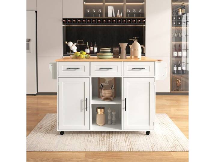 Ilot Centra Desserte buffet salle à manger 139x46-71x91 5cm blanc plateau bois rabattable rangement roulettes cuisine