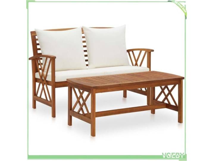 Ensemble salon de jardin - FAFEICY - 310273 - Bois d'acacia massif - 2 pièces (banc+table basse) - Coussins blanc crème