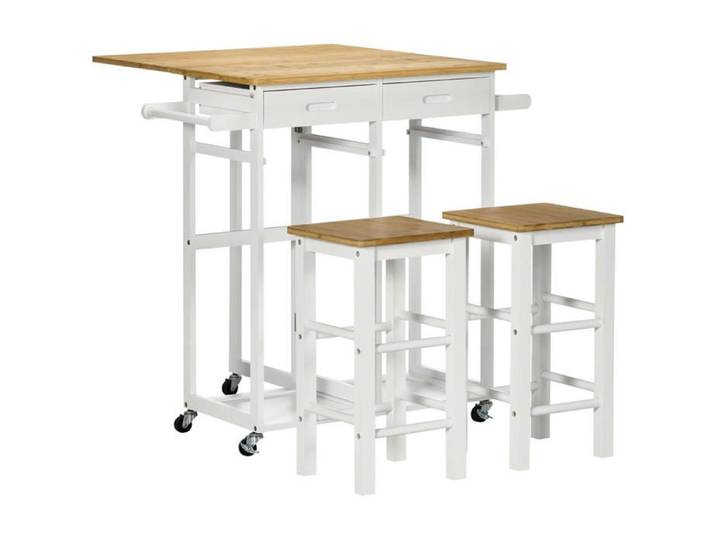 Ensemble Table de Bar Pliable avec 2 Tabourets Table Haute de Cuisine à Roulettes 2 Tiroirs Blanc et Bois