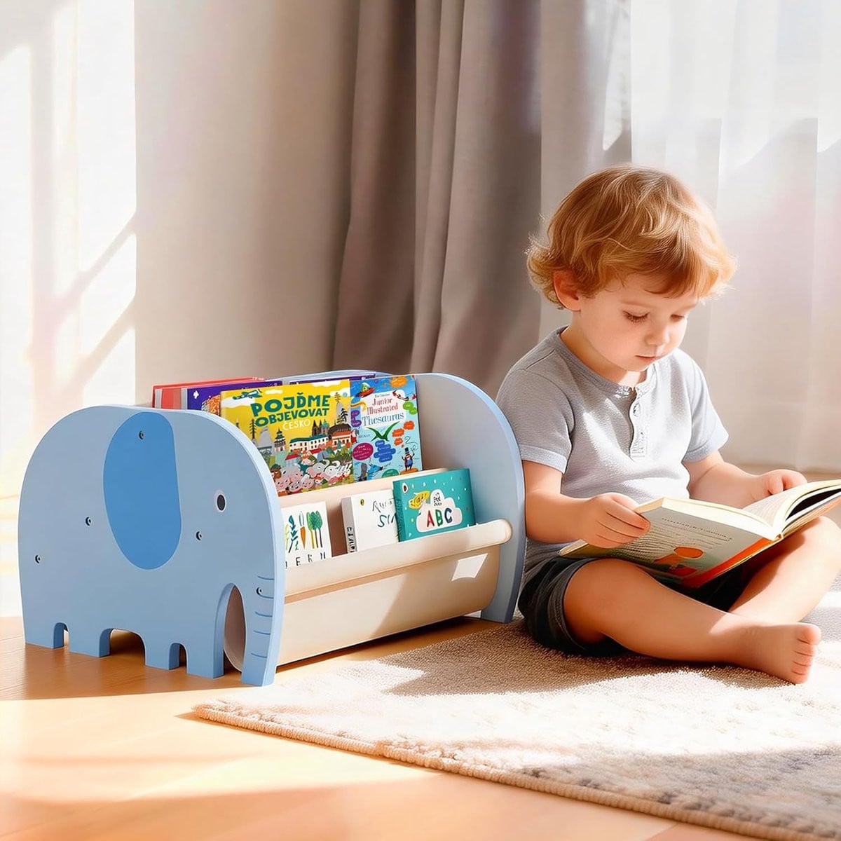 SnelShoppen Kinderboekenrek - Houten Montessori Boekenkast met Olifant Design voor Kinderen 1-3 Jaar