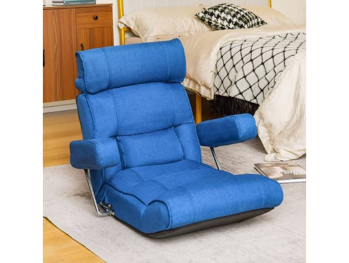 Fauteuil Relax avec Accoudoirs COSTWAY Dossier et Appui-tête Réglables Support Lombaire Fauteuil Paresseux pour Salon Bleu