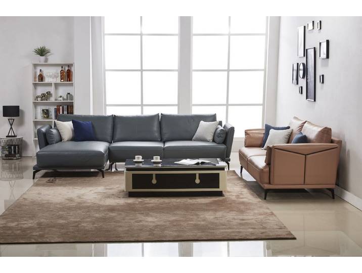 JVmoebel Ecksofa Graue L-Form Polstercouch mit Hocker aus Lederfaserstoff, Made in Europa