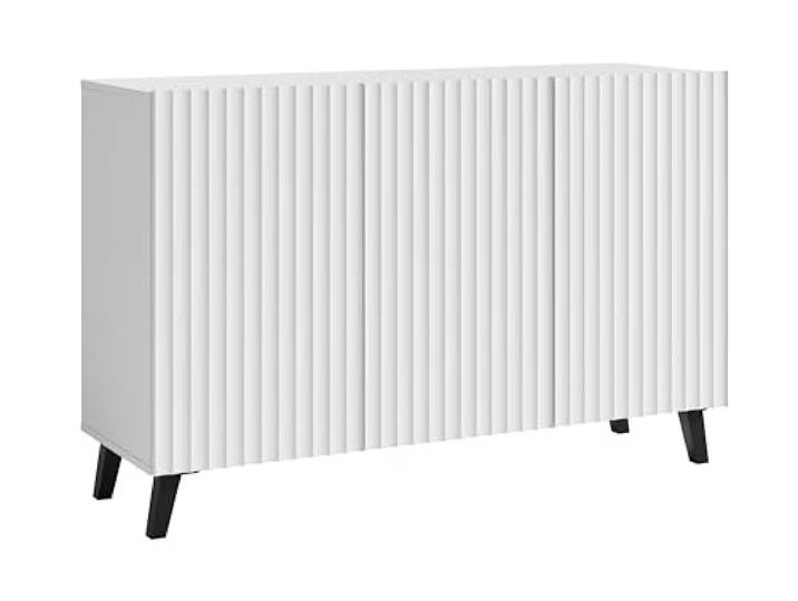 Muebles Slavic Phuket Sideboard 120 cm, Sideboard mit 3 Türen, Kommode mit Beinen, Wohnzimmermöbel, gewellte Fronten, weiß gewellt
