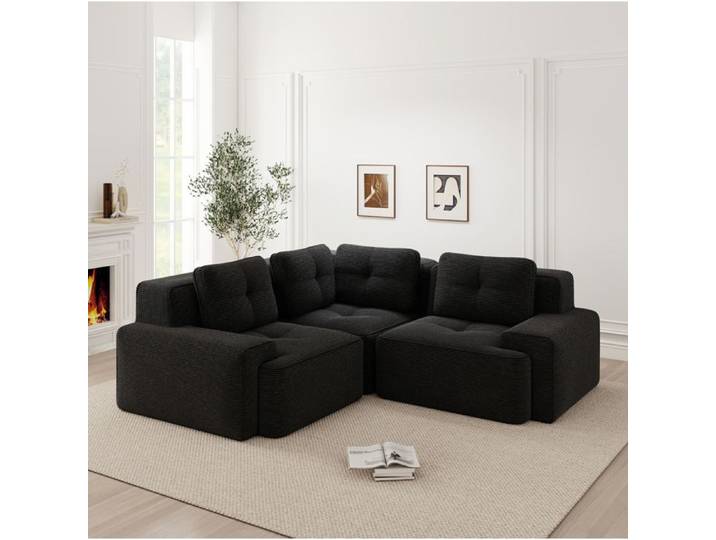 WOVREO canapé d'angle modulable 3 places 206 x 206 cm velours côtelé noir assise profonde 74 cm