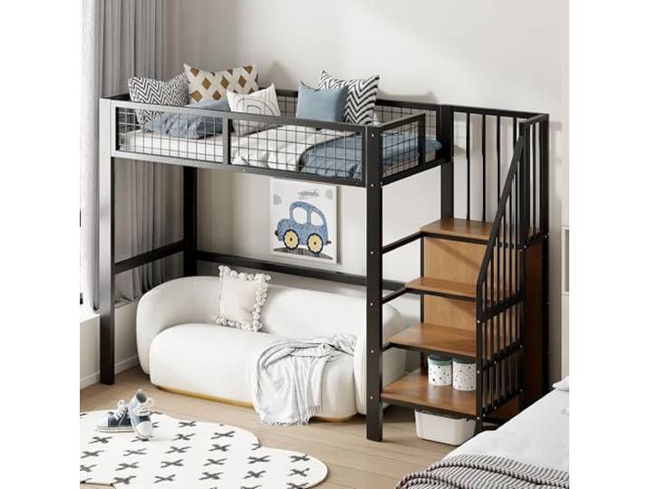 Merax Hochbett aus Metall, 90 x 200 cm, mit Kleiderschrank, multifunktionales Hochbett für 1 Platz mit Treppe, Schwarz (Ohne Matratze)