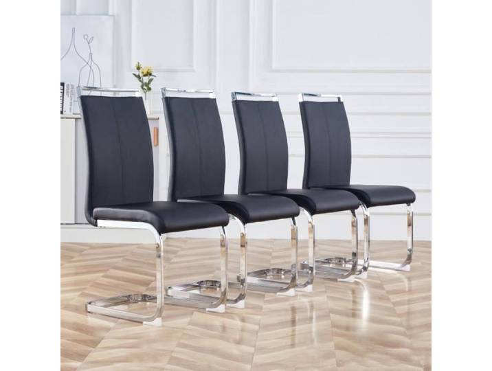 Chaise de salle à manger - Chaise à piétement luge - Lot de 4 - Métal chromé - Similicuir PU noir